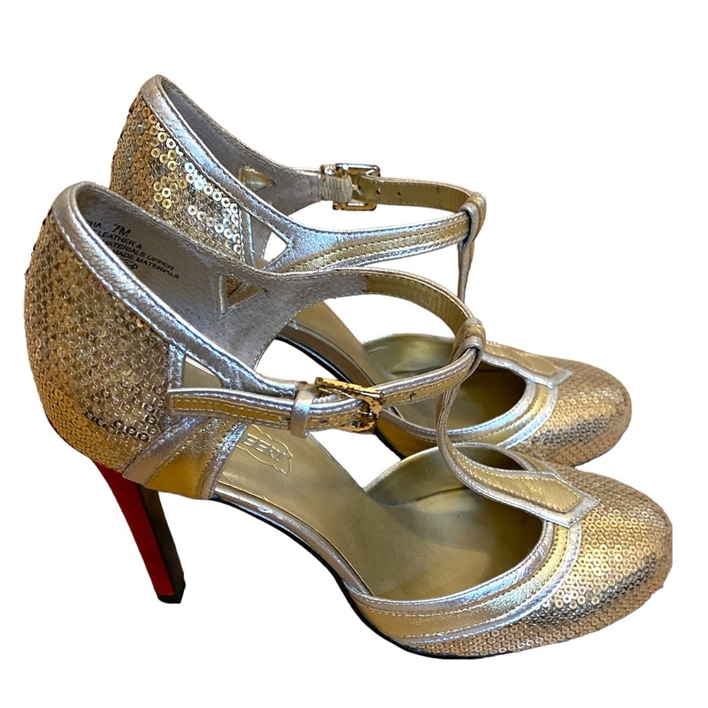 Like new metallic gold and silver t-strap round toe heels